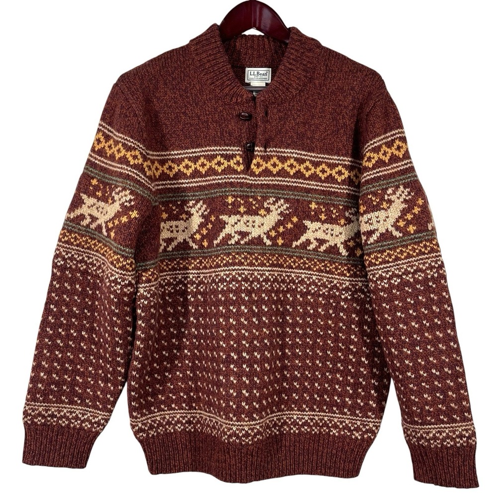 LL Bean Ragg Wool Henley Sweater Mens L Burgundy Fair Isle Deer Motif Cottage